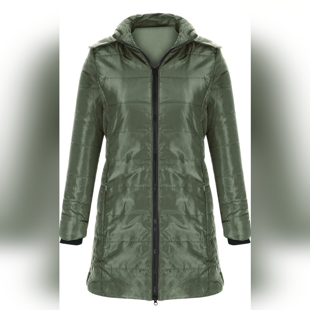 Womens Long Quilted Jacket Lightweight Hooded Puffer Coat SMALL Army Green - Picture 1 of 9
